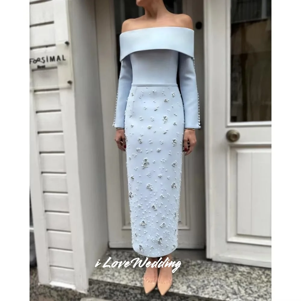 

Blue Strapless Evening Dresses 2025 Off Shoulder Long Sleeve Mermaid Beading Button Ankle-Length Pleated Party Dress Customized