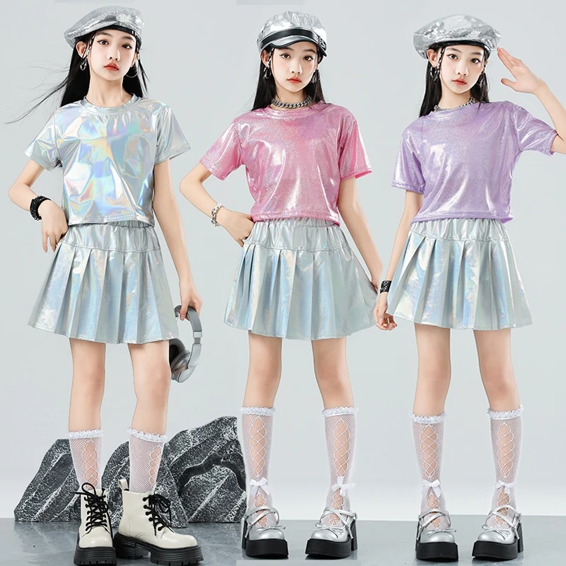 

2025 New Girl Hip Hop Dancing Costume Jazz Dance Stage Set KPOP Outfit Kids Performance Clothes Bright Leather Tops Skirt XH2658