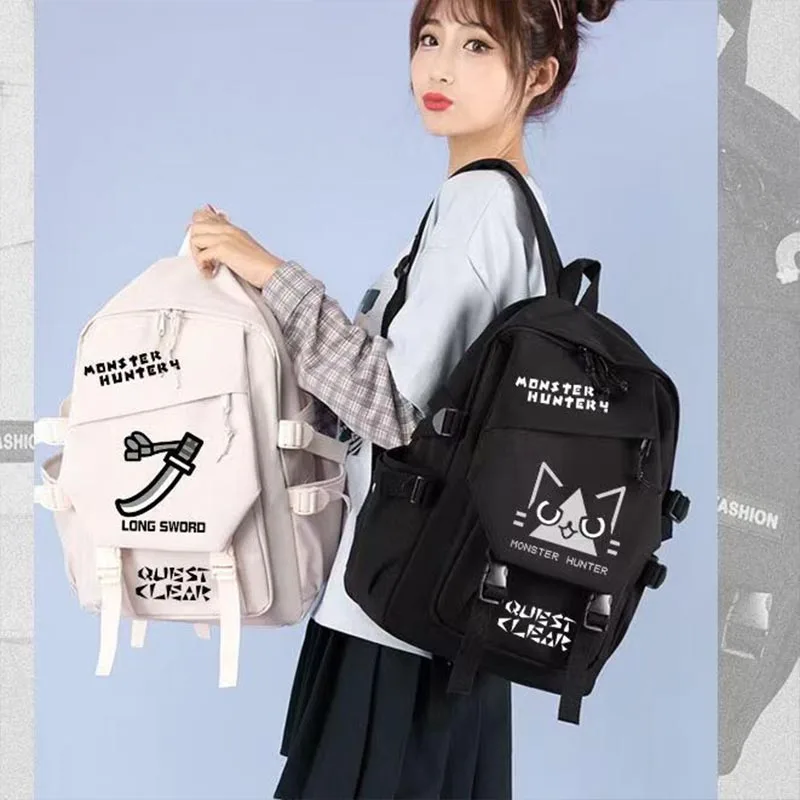 Monster Hunter Backpack Long Sword Felyne Diablos Rathalos Cartoon Print Student Schoolbag Durable Lightweight Travel Backpack