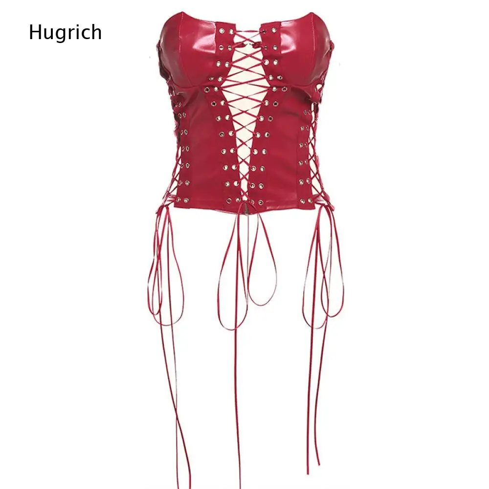 Gothic Solid Red PU Bustier Strapless Sweetheart Neck Full Lace Up Front Long Tied Ribbon Hem Slim Crop Corset Top