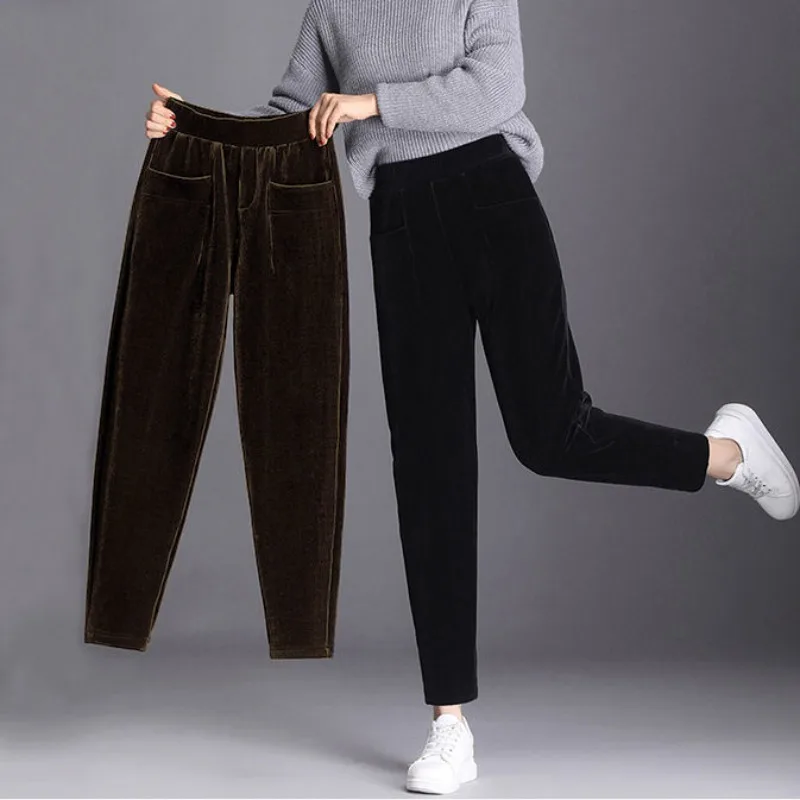 

Thick Plush Corduroy Casual Pants Women Warm Autumn Winter Trouser High Waist All-match Harem Solid Color Trousers Q461