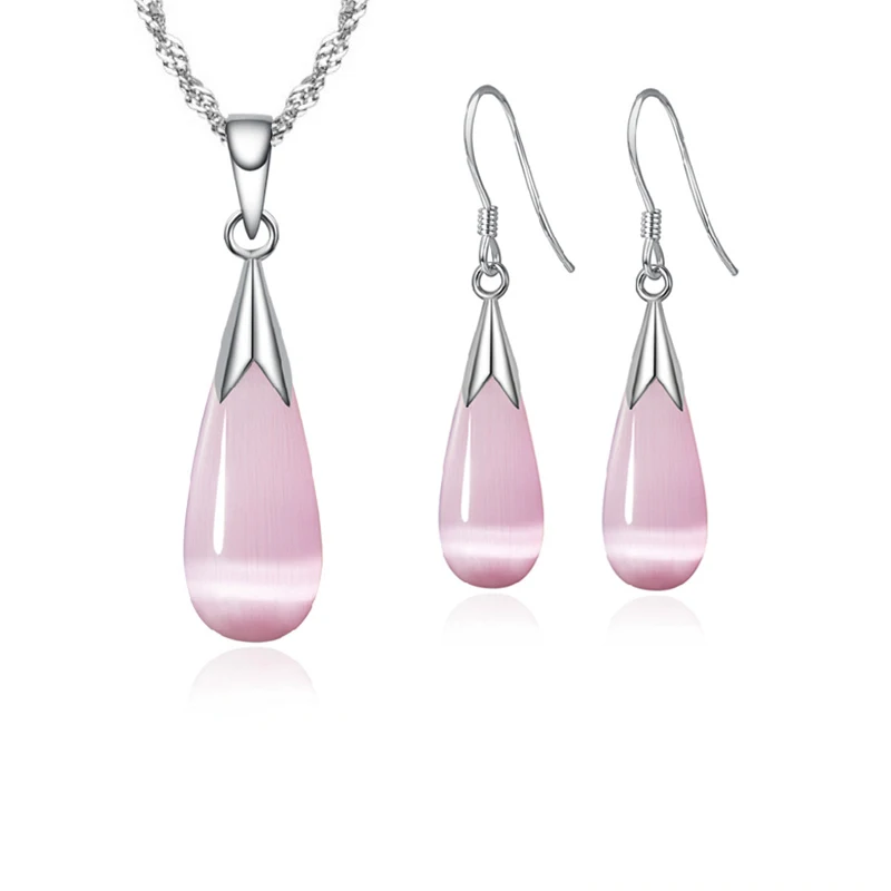 Nice Pure 925 Sterling Silver Luxury Fine Jewelry Sets for Women Gift White Pink Water Drop Opal Stones Pendant Necklace Earring