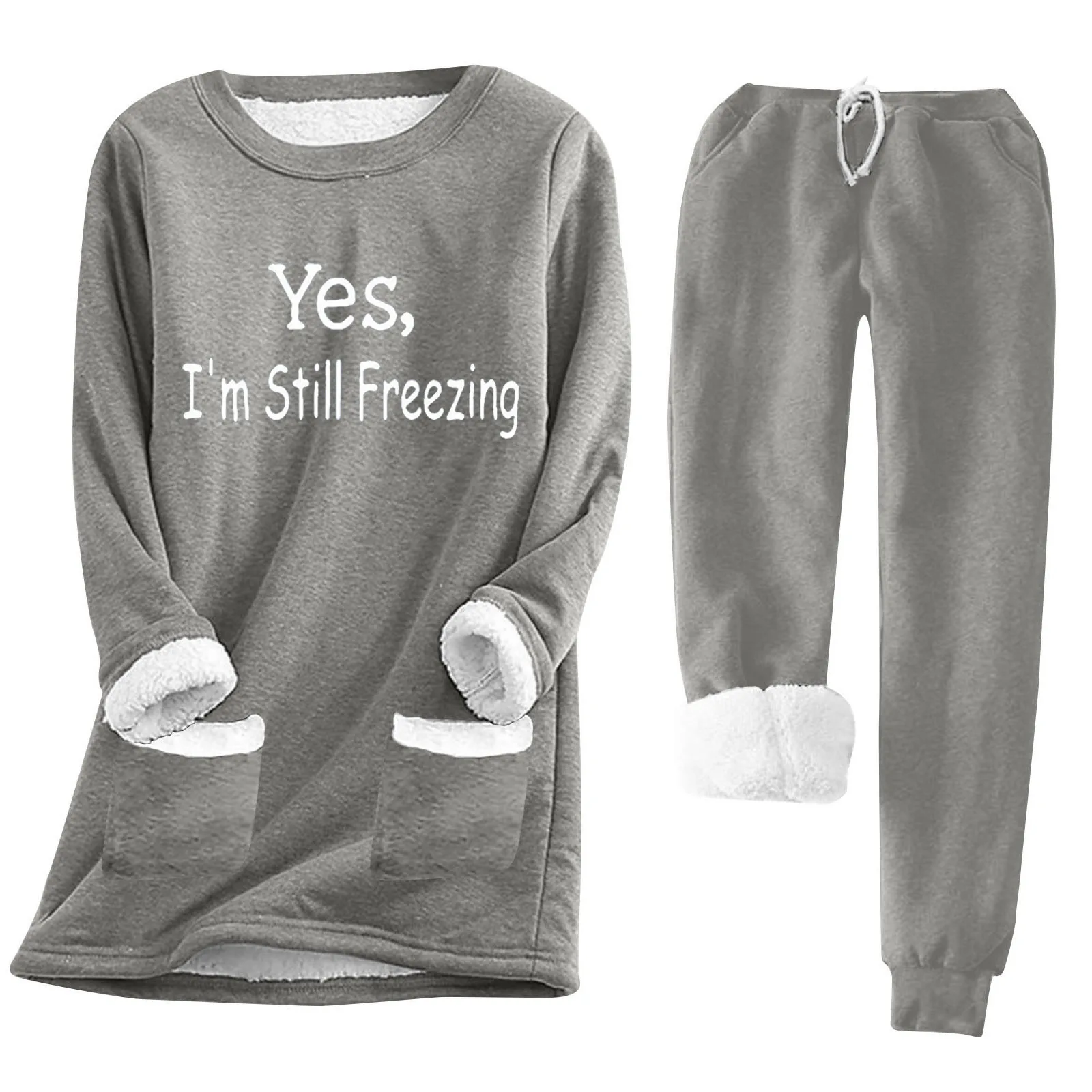 2 Teile/satz Frauen Herbst Winter Pyjama Set Oansatz Langarm Sweatshirt Elastische Kordelzug Taille Taschen Hosen Set Fleece Futter L – Detail 6