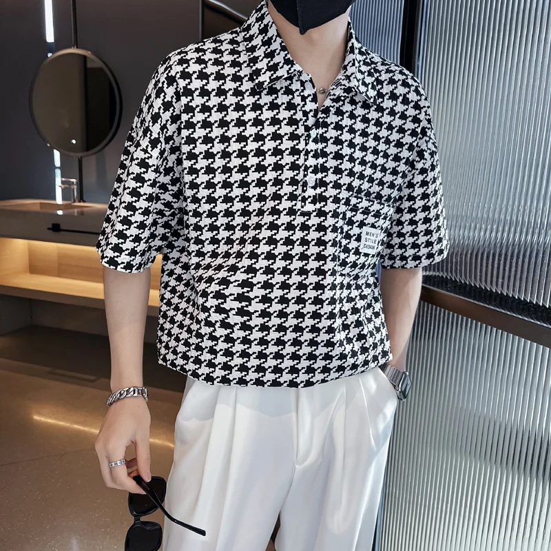 

Summer Houndstooth Plaid Loose Shirts Men Hawaiian Short Sleeve Mens Social Dress Shirts Casual Beach Button Up Blouse Hommes
