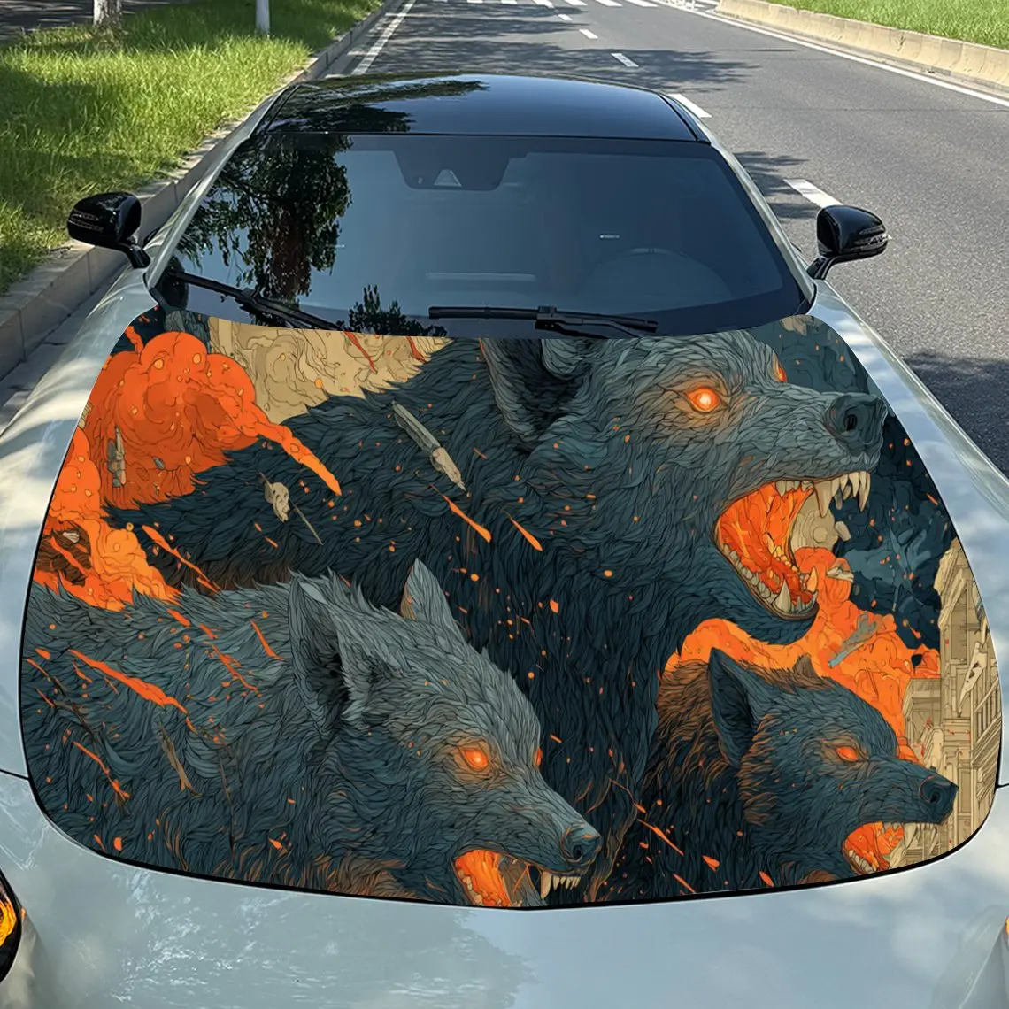 

Dark Fire Wolves Car Hood Sticker, Waterproof Self-adhesive Vehicle Vinyl Wraps Decal, Trendy Auto Exterior Decoration, PVC Deca