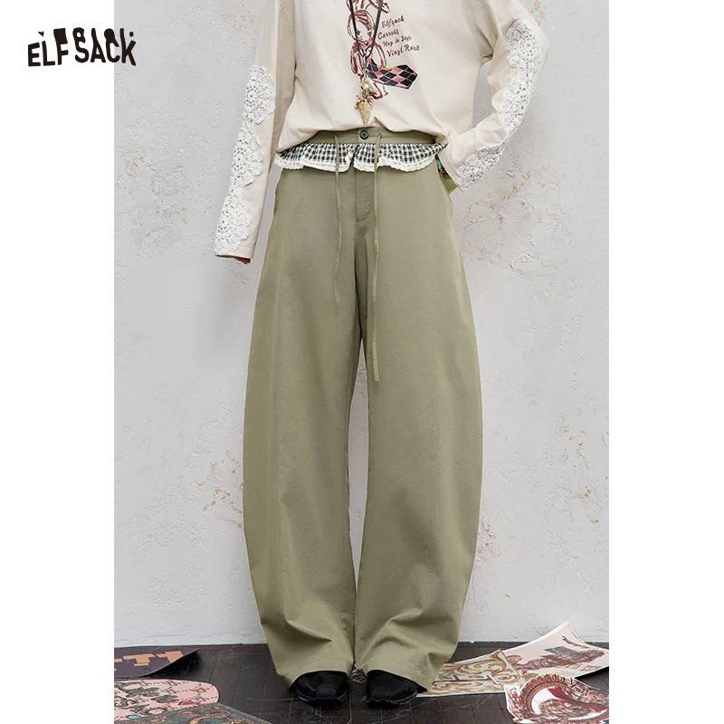 

ELFSACK 2025 Autumn New Arrival Sweet Casual Lace Trim Relaxed Wide Leg Pants Flowy Patchwork Trousers For Woman