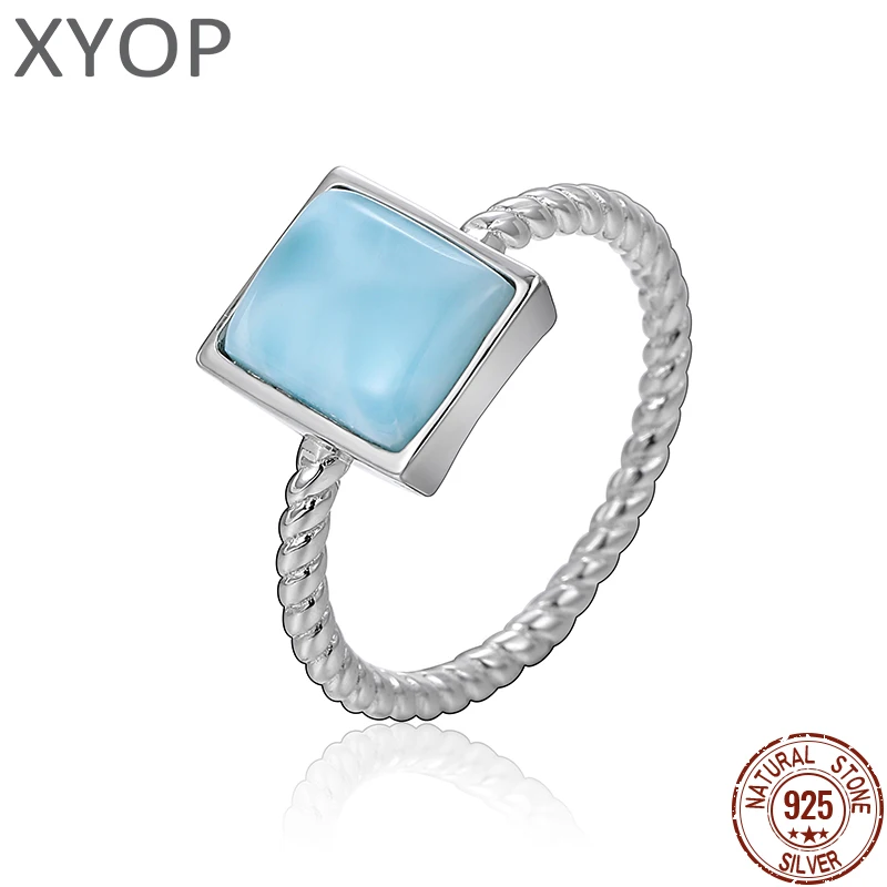 XYOP 925 Silver Gift Rectangular Natural Larimar Ring,The Girl Next Door Is Clean And Calm