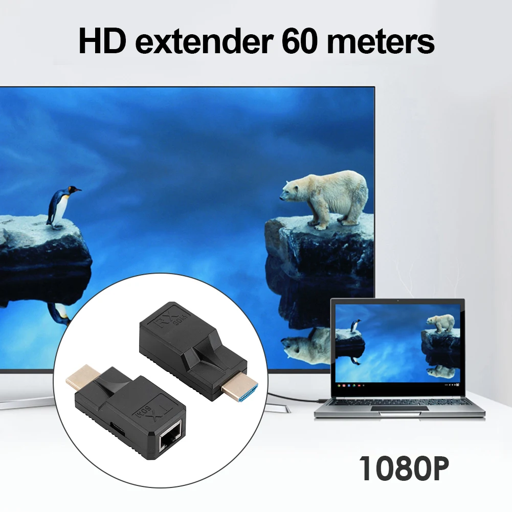 

60M RJ45 To HDMI-Compatible Extender with USB Power Cable 1080P HDMI-Compatible Extender Plug and Play Over Cat5e Cat6