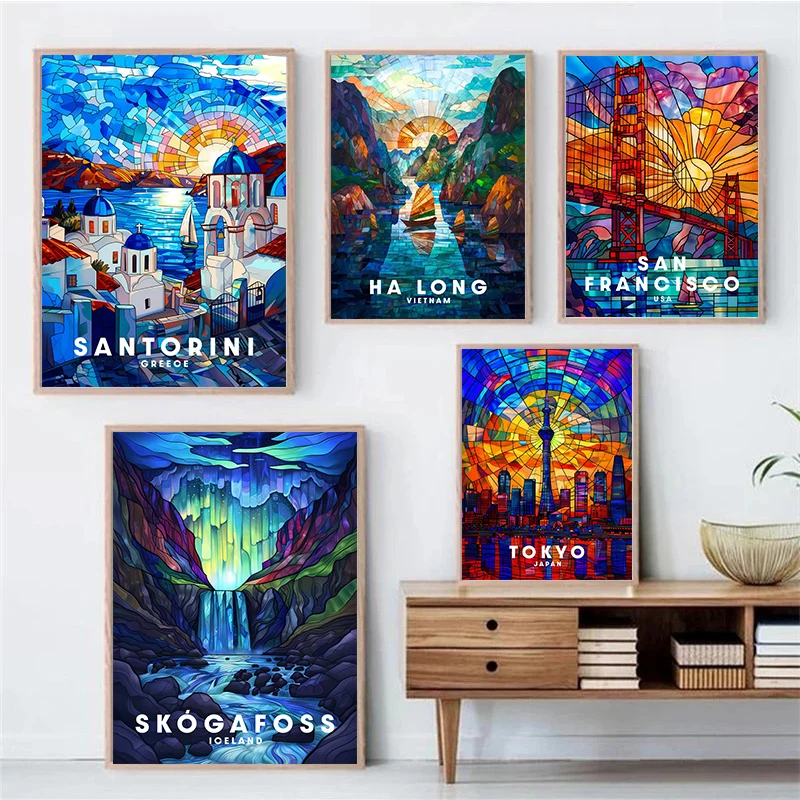 Stained Glass Travel Wall Art Canvas Painting London Rome Santorini New York Posters and Prints Picture Home Room Decor Cuadros