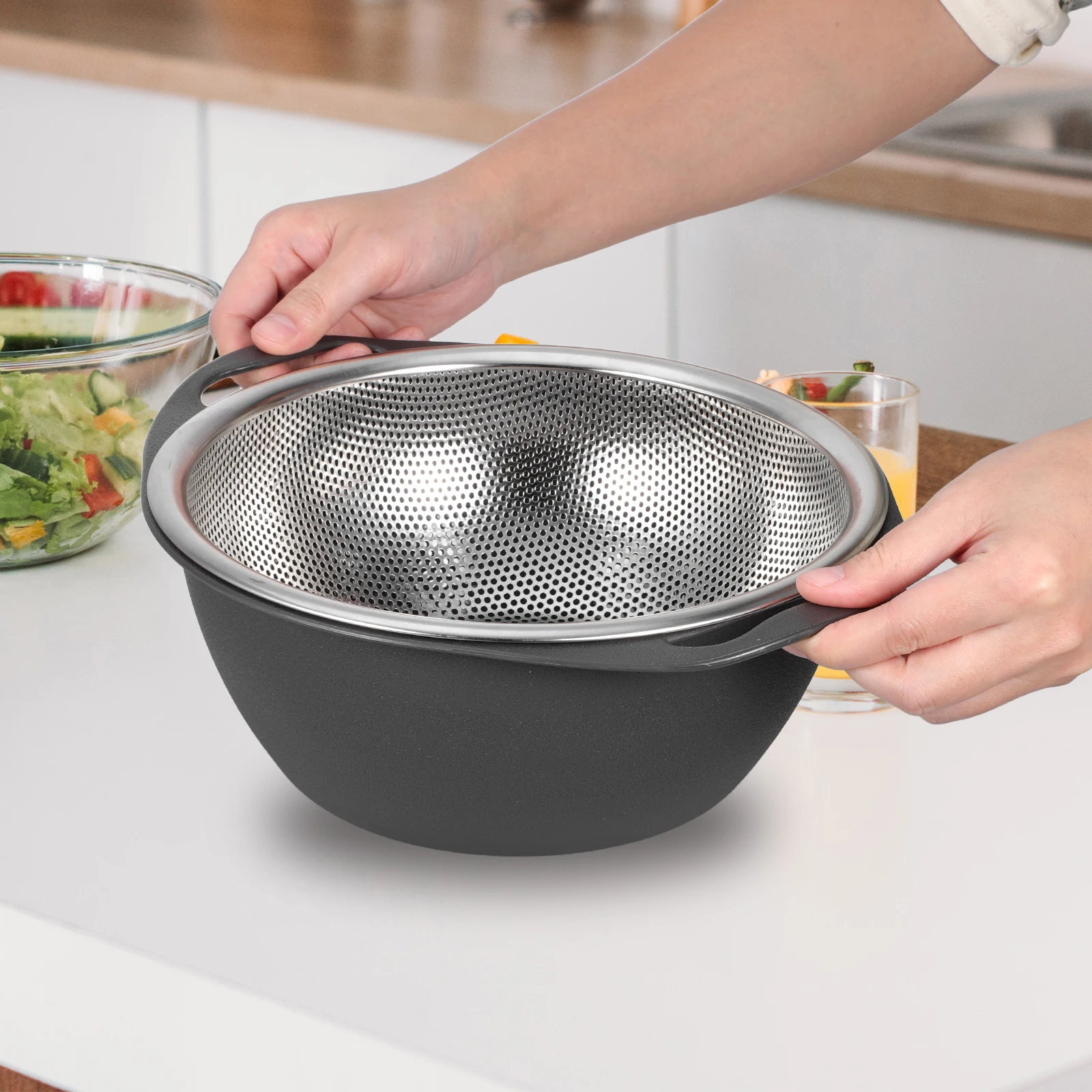 

Stainless Steel Colander Drain Basket for Kitchen Heavy Duty Large Capacity Vegetable Fruit Washing Bowl Strainer Double Handles