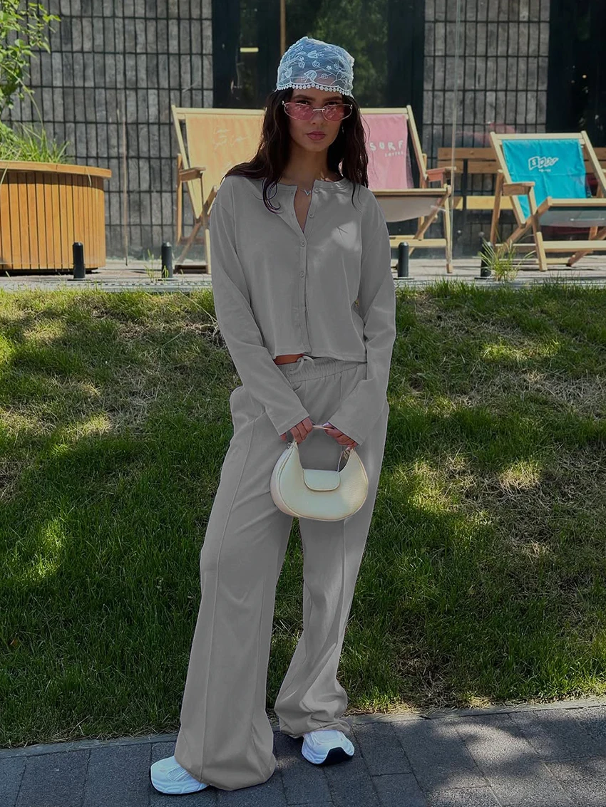 

Marthaqiqi Winter Ladies Pajamas Set Long Sleeve Sleepwear O-Neck Nightie Crop Top Nightwear Pants Causal Female Nightgowns Suit