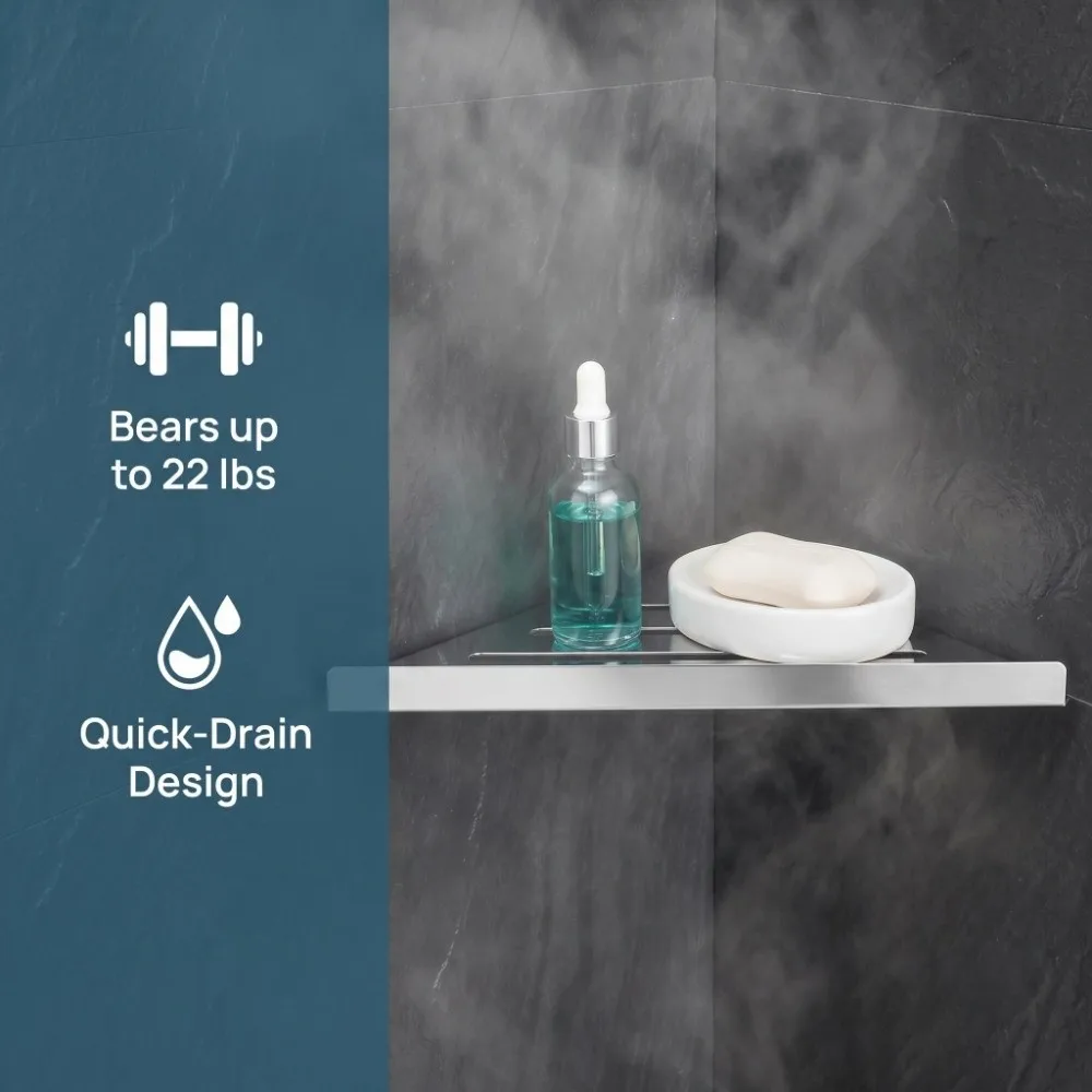 Stainless Steel Shower Corner Shelf Wall Mounted Rust Resistant Corner Shelf Rack Punching Type Silver Bathroom Shelf Organizer