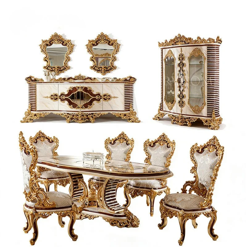 Empire Square Teak Solid Wood Luxury Baroque European Oval 6 Seat Dining Table Set Hand Carved Royal Palace Hotel Furniture