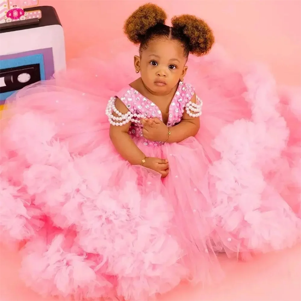 

Розовые платья для девочек-цветочниц по индивидуальному заказу на свадьбу, многоуровневое платье с кристаллами и бисером, милое детское платье для фотосессии на первый день рождения, банкетное платье