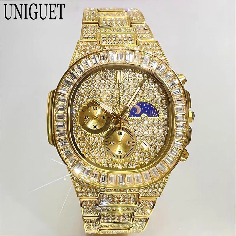 UNIGUET Luxury Gold Watch For Men Fashion Moon Phase Quartz Watches Man Hip Hop Iced Diamonds Jewelry Wristwatch Reloj Hombre