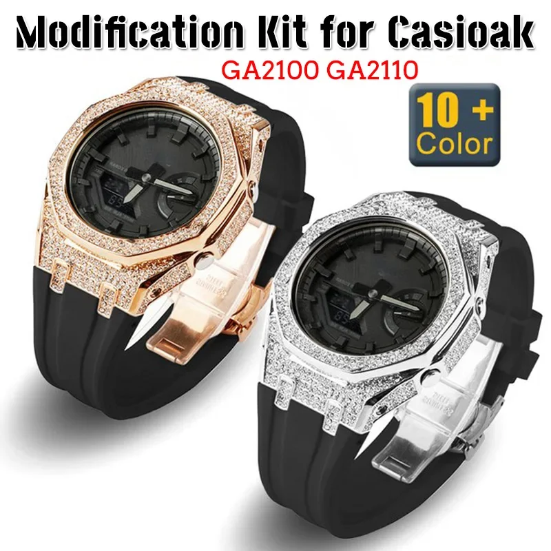 Mod Kit for Casioak GA2100 GA2110 Stainless Steel Diamond Case Rubber Strap Modification Kit for Casio GMAS2100 All Metal Bezel