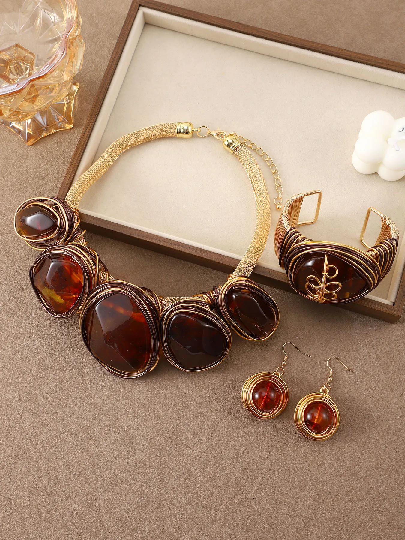 New Women 3Pcs Jewelry Set Exaggerated Geometric Resin Block Necklace Bracelet Earrings Statement For Party Christmas Gifts