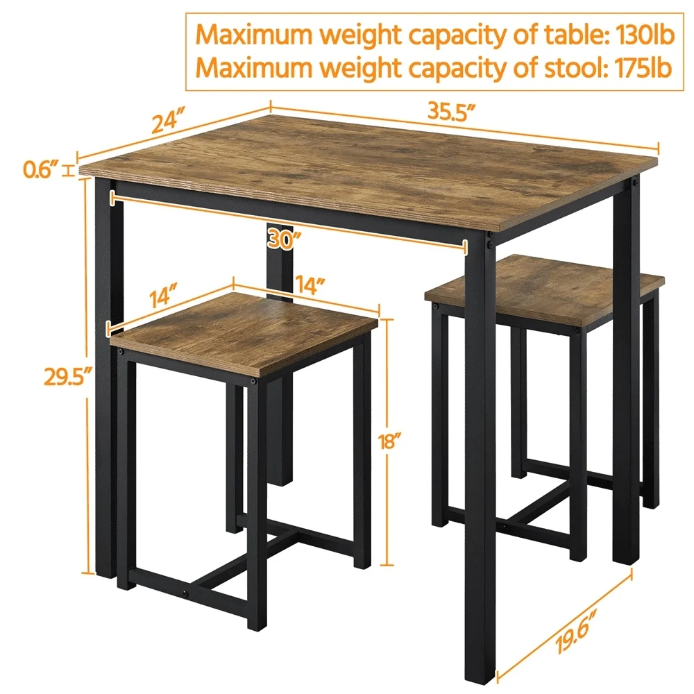 3-Piece Industrial Dining Set Table with Backless Stools Space Saving Practical Furniture Kitchen Dining Room