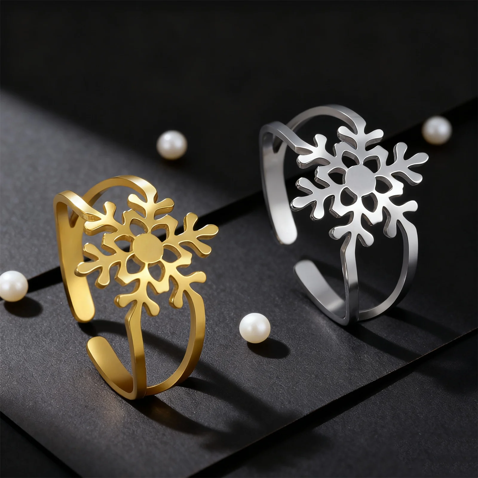 الشتاء أزياء ندفة الثلج الدائري الفولاذ المقاوم للصدأ قابل للتعديل الجمالية المرأة خاتم رائعة السنة الجديدة مجوهرات زوجين هدية عيد الميلاد #1