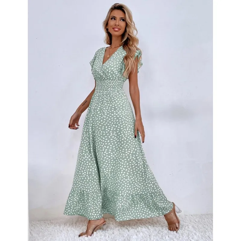 Women Elegant 2024 Spring/Summer V-neck Waist Long Dress With Lotus Leaf Sleeves And High Waist V-neck Fashion Polk Maxi Dresses