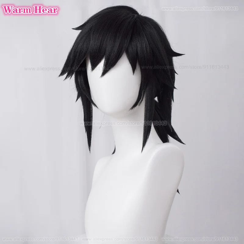 Anime Tomioka Giyuu synthetische lange 40cm schwarz Pferdes chwanz zottelig geschichtet Styling Cosplay Anime Perücke hitze beständige Perücken Halloween