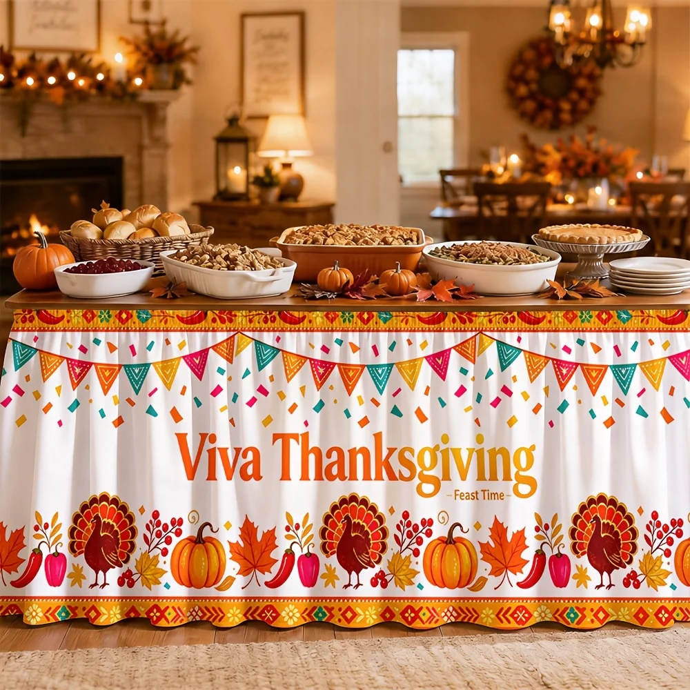 One table skirt. Thanksgiving table skirt. Printed polyester festive colorful autumn.
