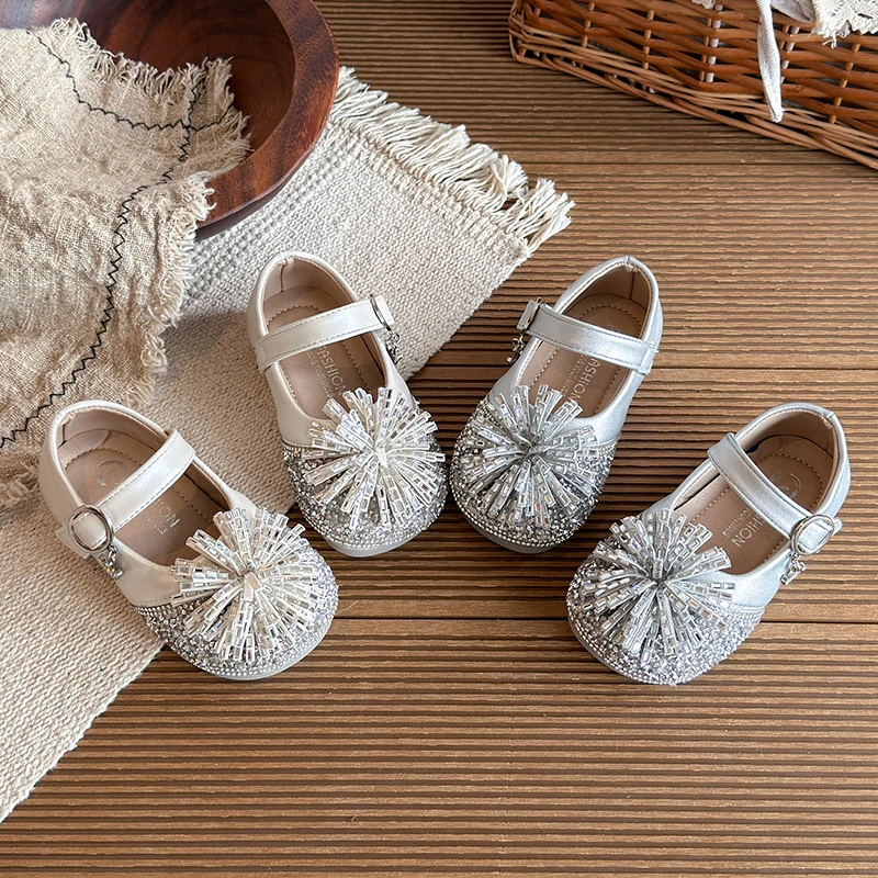 Kids Girls Sparkly Rhinestone Mary Jane Shoes with Pearl Strap, Soft Non-slip Sole, Ideal for Weddings Parties&Special Occasions