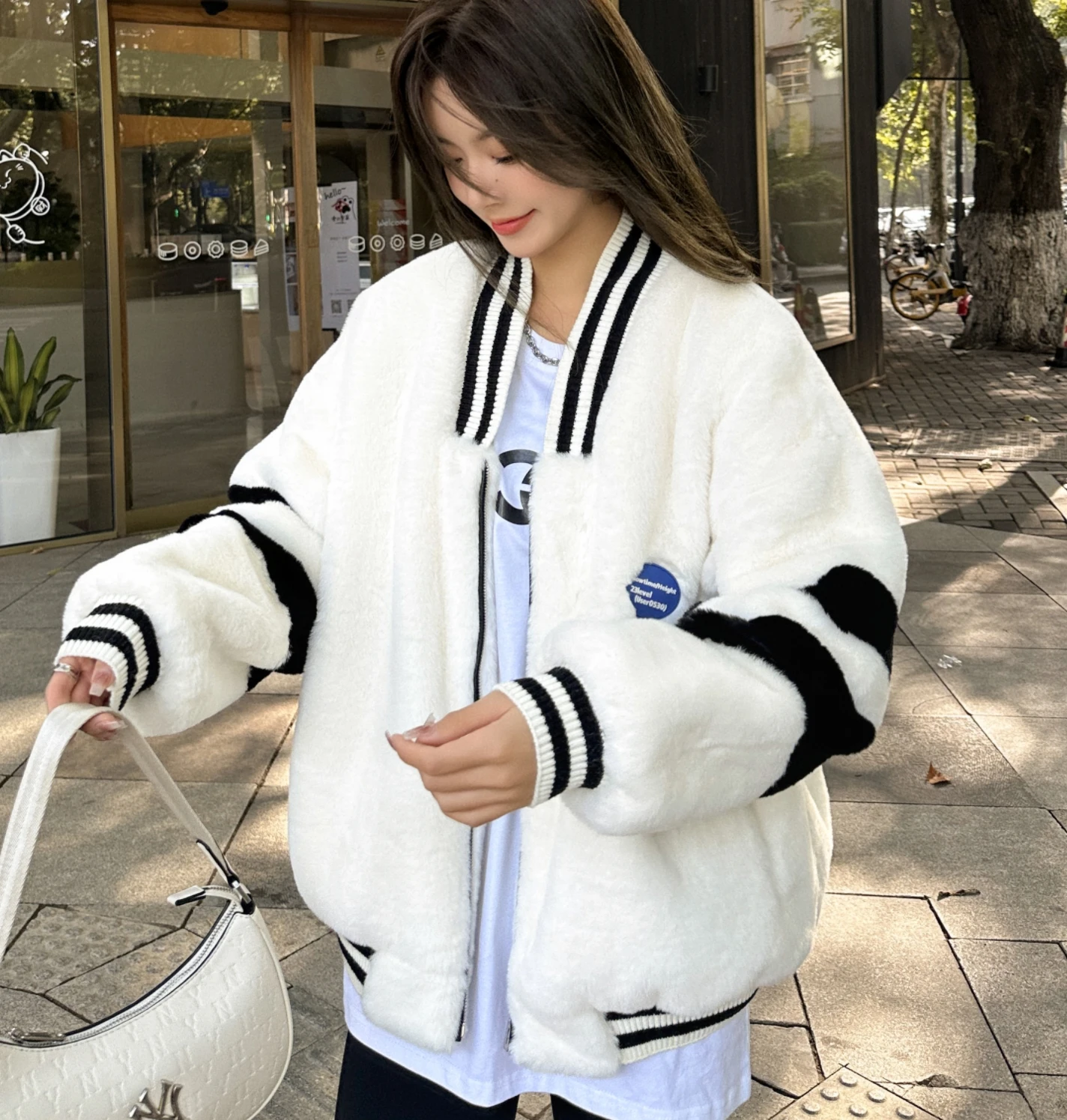 women Colorblock Combination Baseball Jersey Retro Academy Loose Couple Coat Women\'s Winter faux Fur Coat