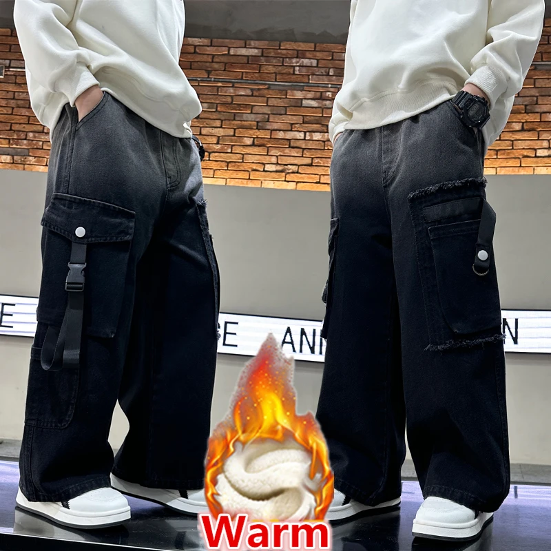 Kids Children Winter Warm Gradient Black Jeans Cargo Pants with Pocket for Teenage Boy Heavy Work Insulated Denim Trousers 5-14Y