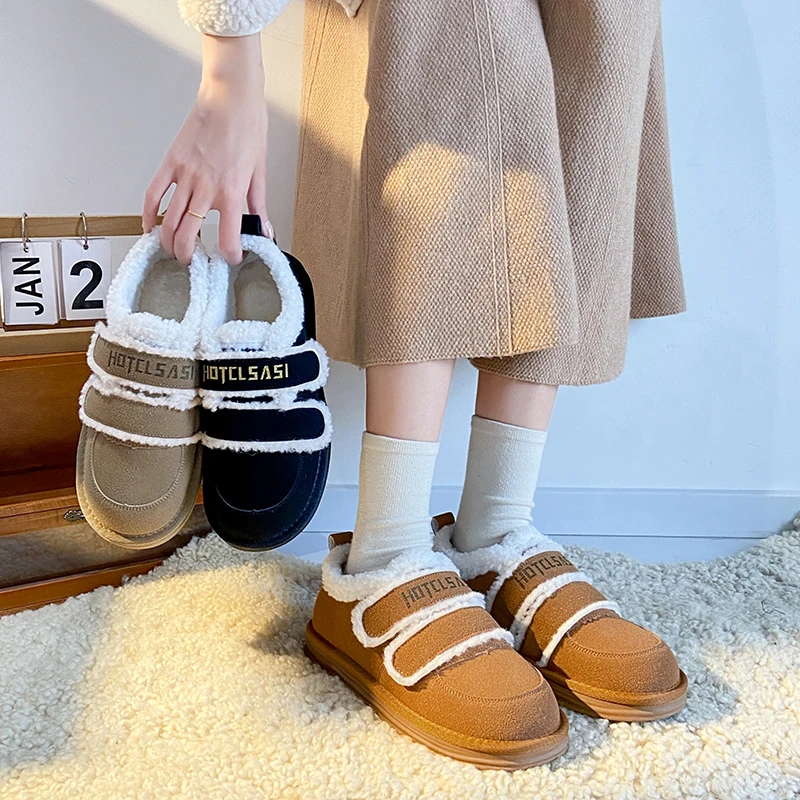 CRLAYDK Vintage Women's Moccasins Soft Faux Fur Lining House Flat Shoes Two Straps Slip On Winter Warm Suede Loafers Botas