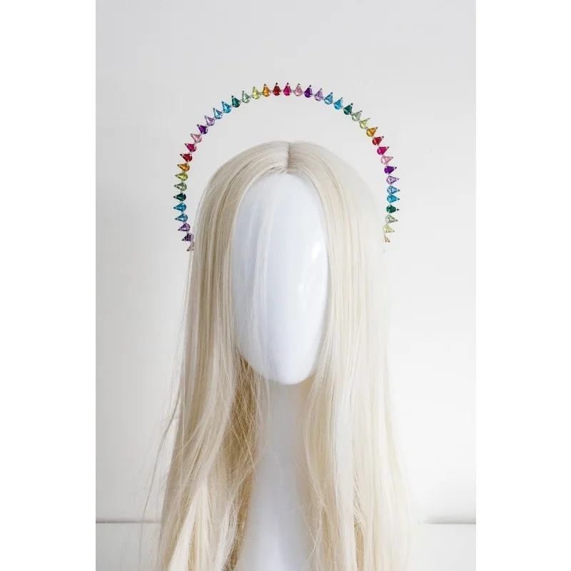 

Photoshoot Goddess Halo Crown - Rainbow Crystal Headpiece for Pregnancy & Maternity Photography, Makeup Artist Prop, Festival