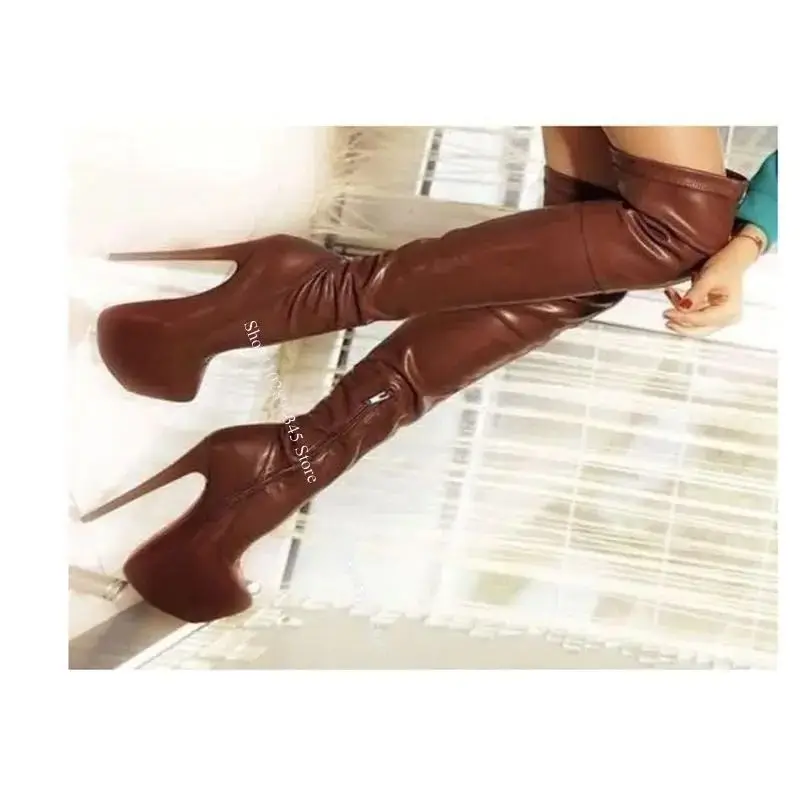 Botas marrones por encima de la rodilla con cremallera para Mujer, zapatos de tacón alto fino, plataforma de cuero, Sexy, a la moda, talla grande, Verano