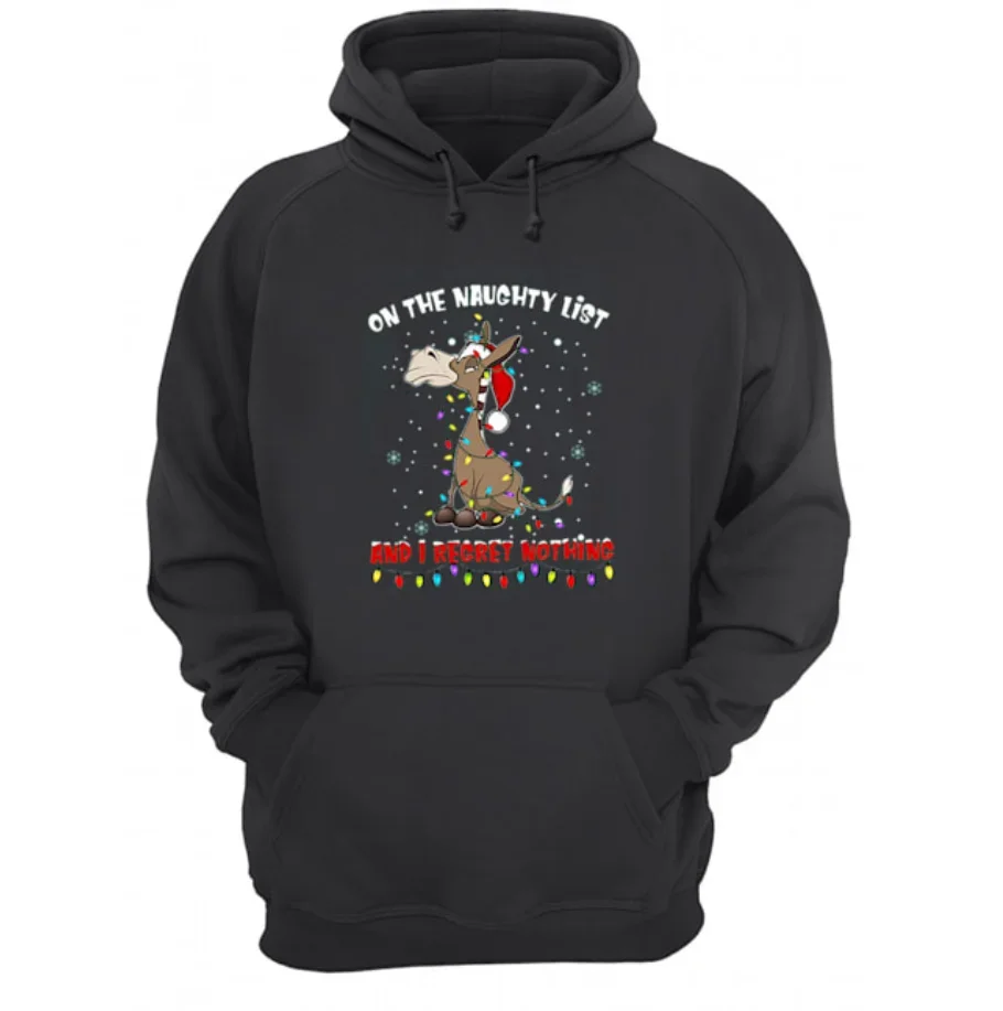 

On The Naughty List and I Regret Nothing Christmas Goat Pullover Hoodie Comfortable Cotton Casual Mens Clothes Xmas Streetwear