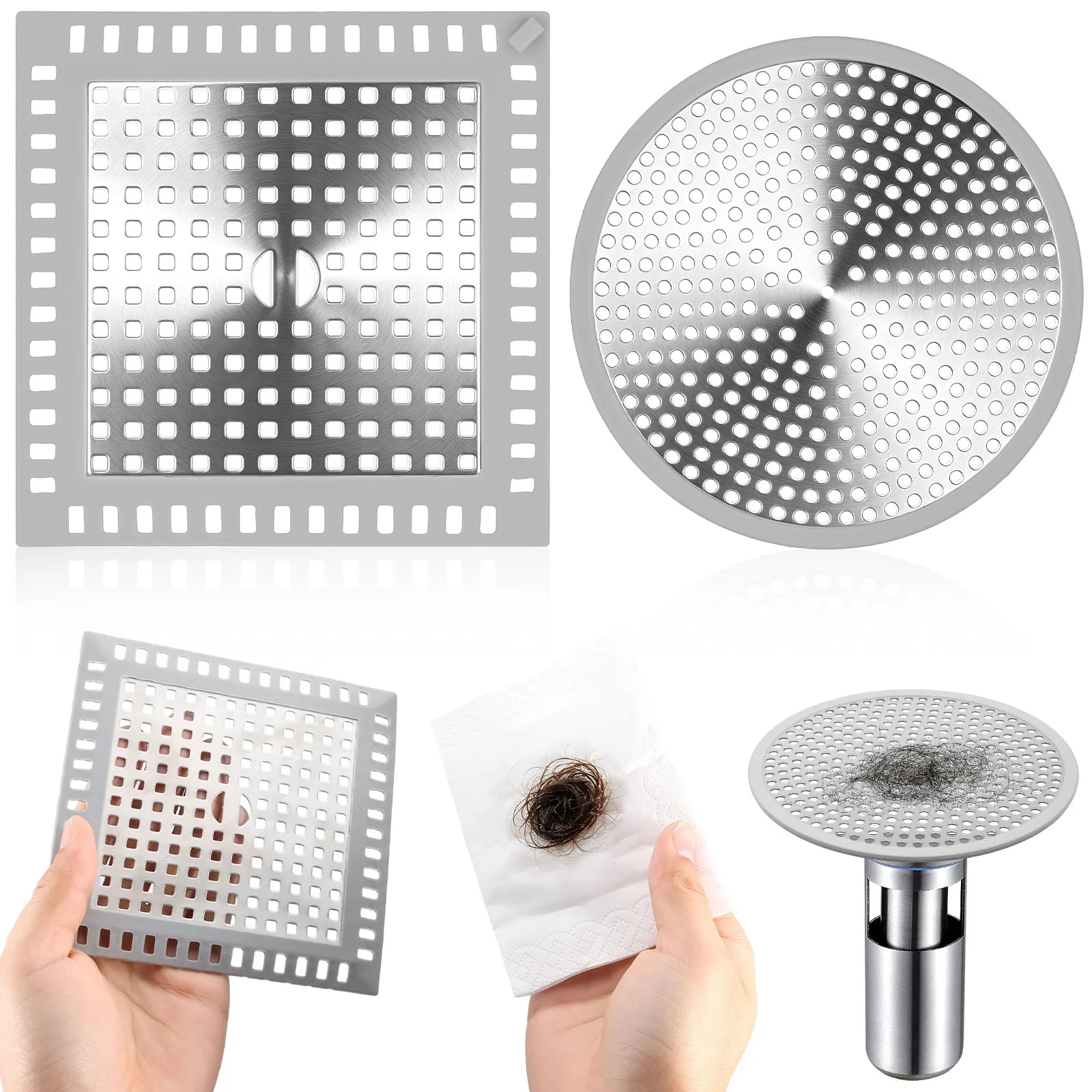 Shower Drain Hair Catcher 304 Stainless Steel Bathtub Floor Strainer Anti Slip Silicone Edge Pet Fur Trap For Bathroom Tub Hole