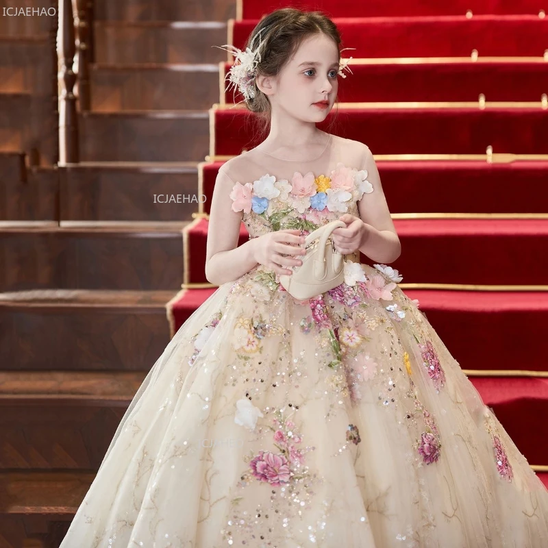 French Style Girls Party Dress with Flowers for Little Host Piano Recital Flower Girl Wedding Children Pageant Gown Dresses