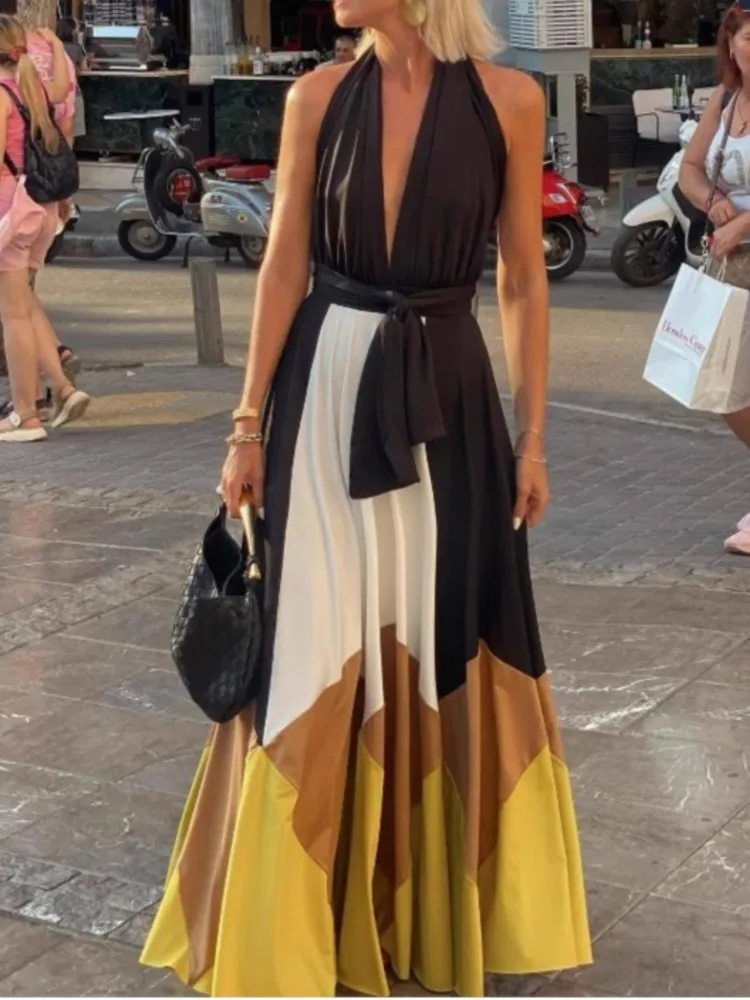 Abito estivo con gonna lunga sexy senza schienale con lacci color block New Fashion Elegnat Casual Boho Dress per le donne Robe Femme