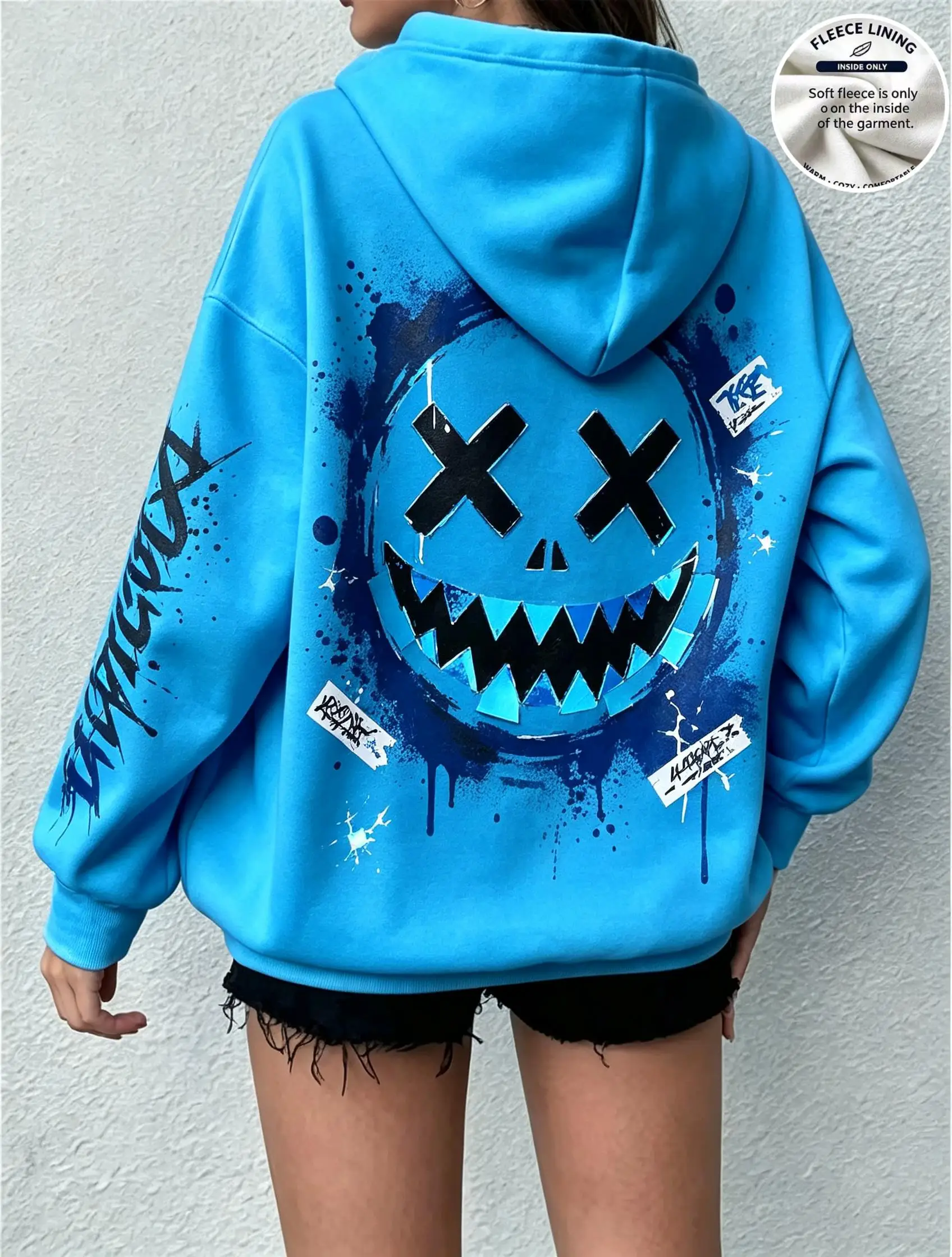 Women Fleece Hoodie Graffiti Devil Smiley Face Back Print Loose Long Sleeve Sweatshirt