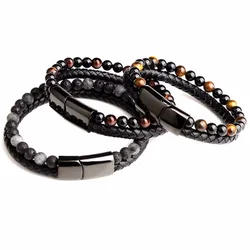 Trendy Bilayer Charm Natural Tiger Eye Stone 6mm Bead Leather Woven Bracelet 21cm 23cm Bracelets For Men&Women Fashion Jewelry