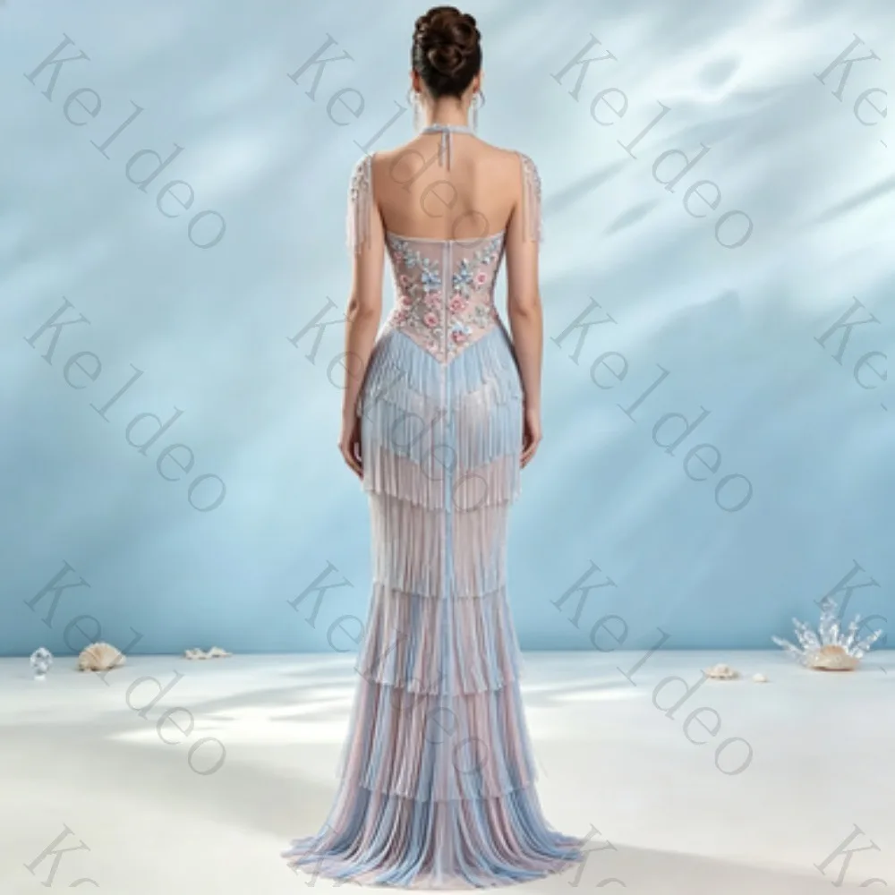 Customized Halter Neck Mermaid Evening Dress Fringe Tassel Sheer Sleeves Floral Embroidery Gradient Sequin Layered Formal Prom