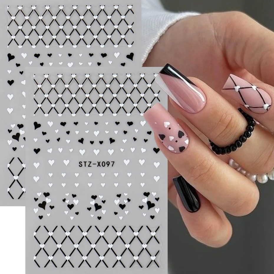 ملصقات أظافر على شكل قلب أسود وأبيض لتزيين فن الأظافر، تصميم لامع على شكل قلب ونجمة لجماليات الأظافر