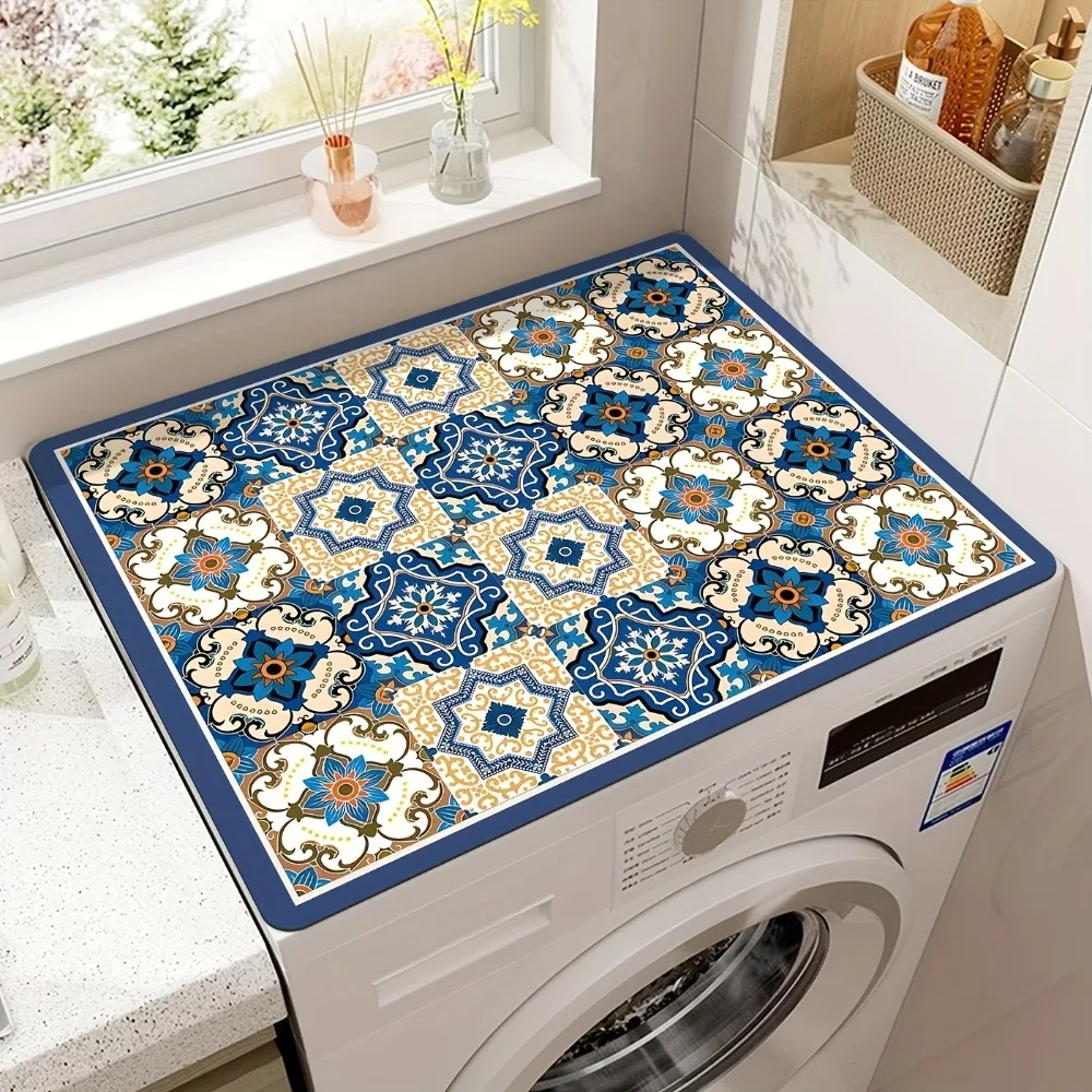 Tile Print Washer Cover Non Slip Protective Mat for Laundry Absorbent Dustproof Top Pad Decorative Home Appliance Protector