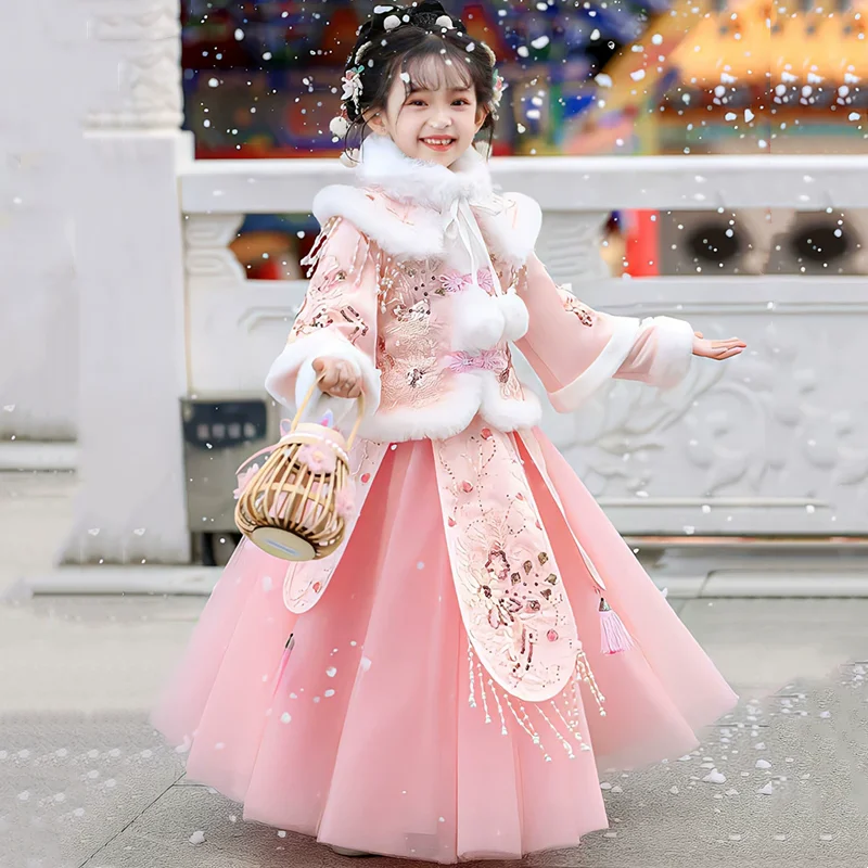 Winter New Year's Clothing Red Kids Hanfu Girl Two-piece Set Baby Outfit Party Costume Tang Girls Suits Thicken Children's Sets