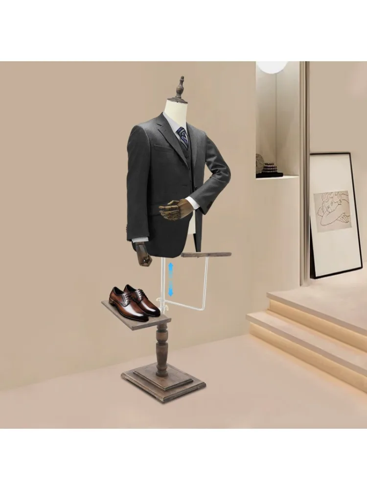 

Male Mannequin Torso with Wooden Arms Metal Stand,Height Adjustable Dress Form Male with Detachable Trousers Rack and ShoeHolder