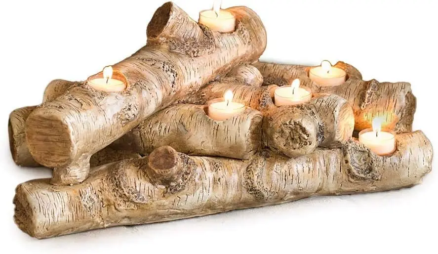 Plow & Hearth Faux Birch Wood Resin Logs Candle Holder for Fireplace | Romantic Ambiance Without Heat or Mess | Holds 8 Tea Ligh