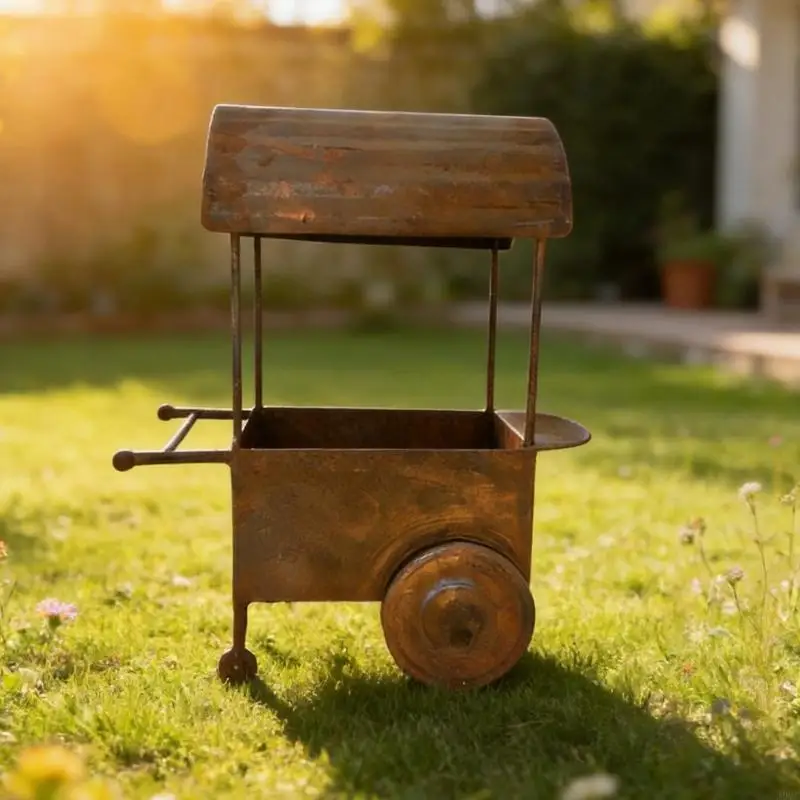 Antique Styles Small Rusty Cart Flower Pot Container Perfect For Patios Yard Decoration J0MC