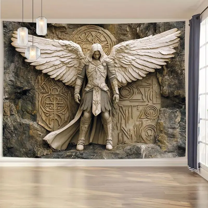 VIKAMA Stone Angel Tapestry Medieval Winged Warrior 3D Sculpture Effect Wall Hanging Vintage Living Bedroom Dorm Wall Decor