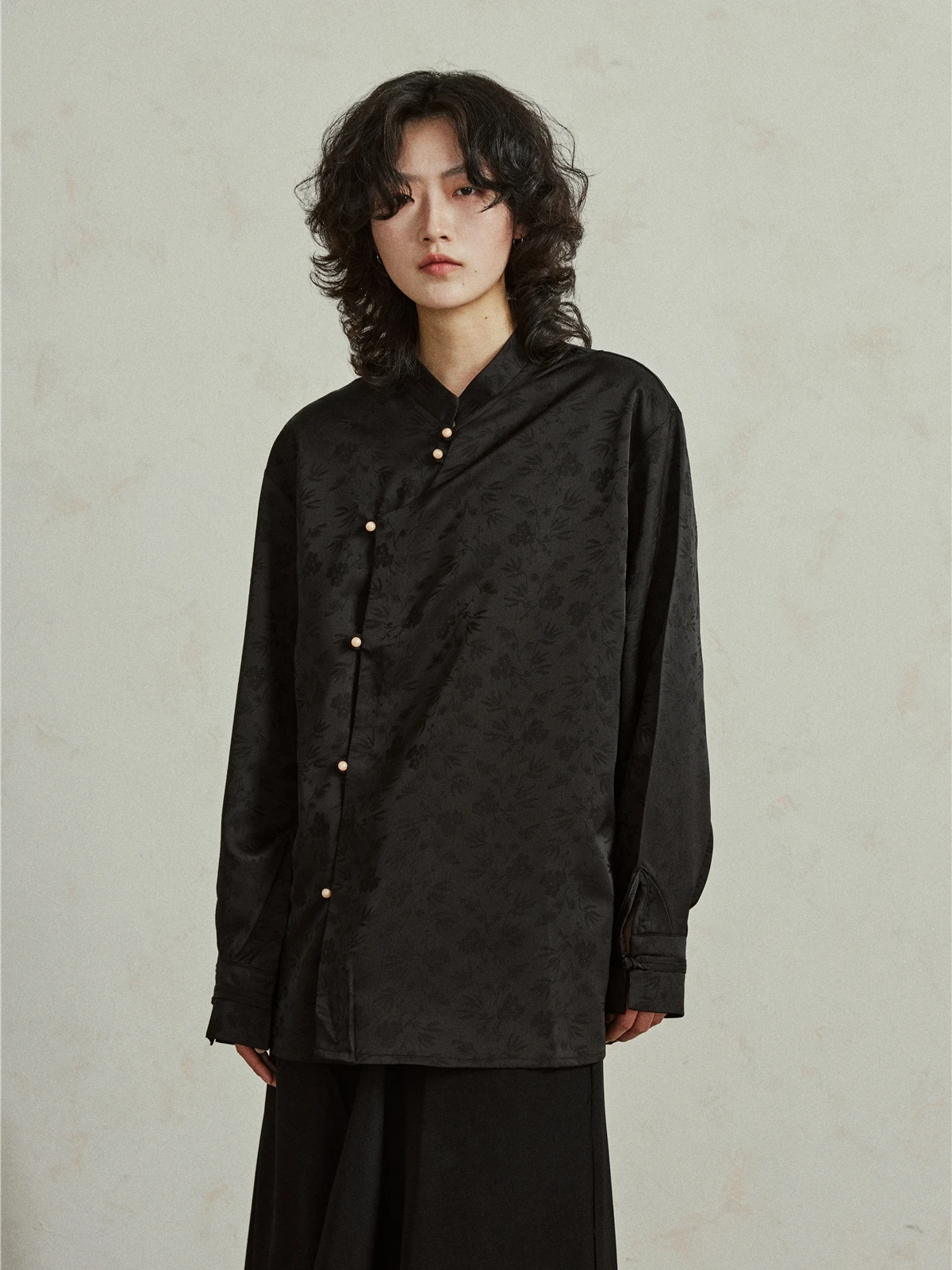 

Sunvonnie Chinese Style Long Sleeve Shirt with Dark Pattern Embroidery And Pearl Buttons Asymmetrical Opening Loose Fit Top