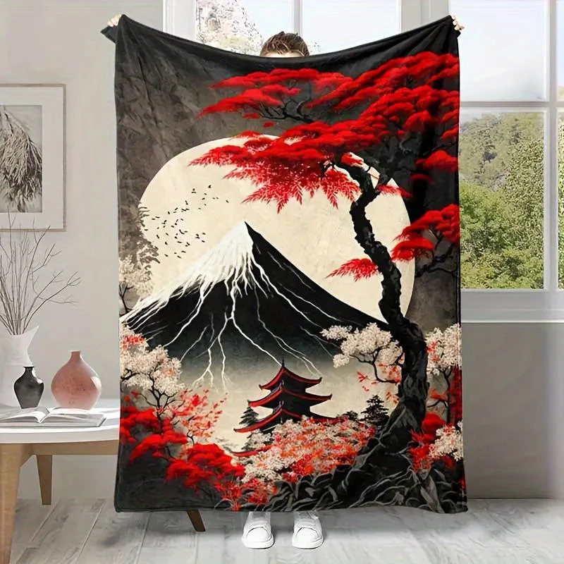 Japanese Art Style Blanket Tapestry Mount Fuji Cherry Blossom Anime Decor Wall Hanging 150x200cm Large Kawaii Room Throw Blanket