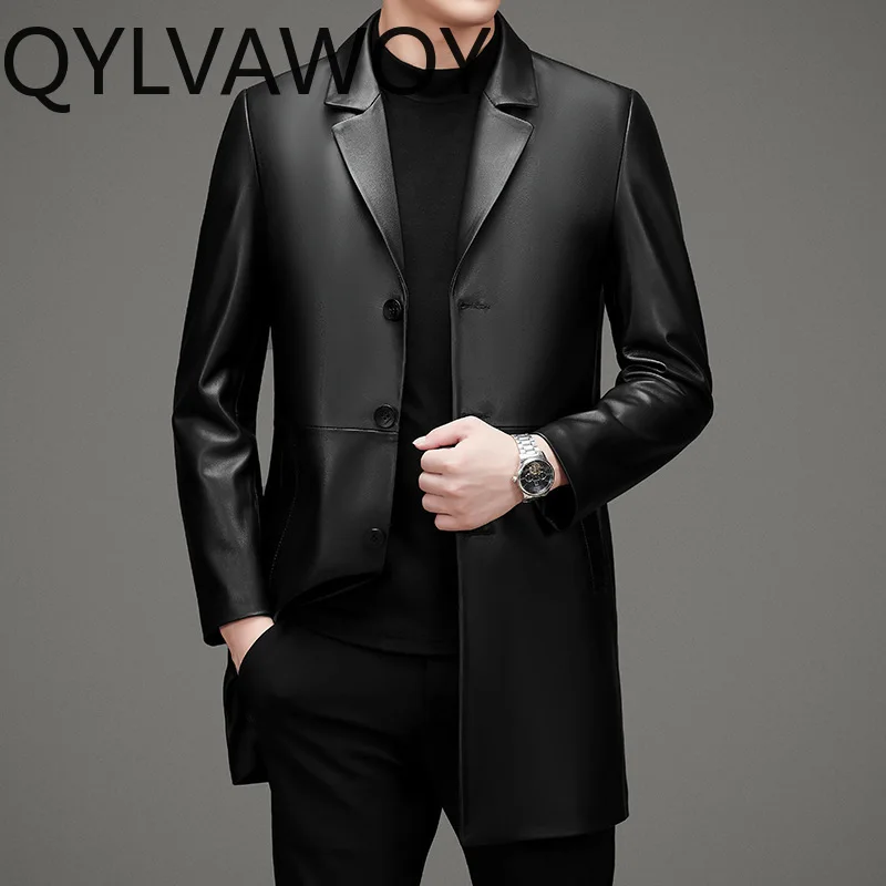 QYLVAWOY Top Layer Sheepskin Genuine Leather Jacket Men 2026 100% Real Leather High Quality Mid-length Coat Man Spring Autumn
