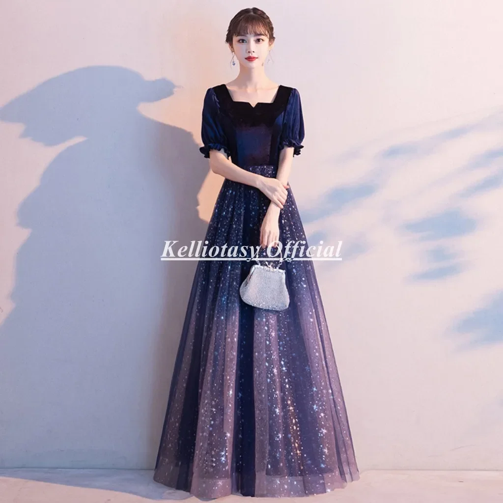 

Темно-синие вечерние платья по индивидуальному заказу, блестящая юбка, женское длинное вечернее платье с рукавами, корсет сзади